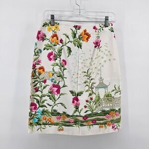 Talbots Pencil Skirt Womens 6 White Floral Chinoiserie Pagoda Cotton Made in USA
